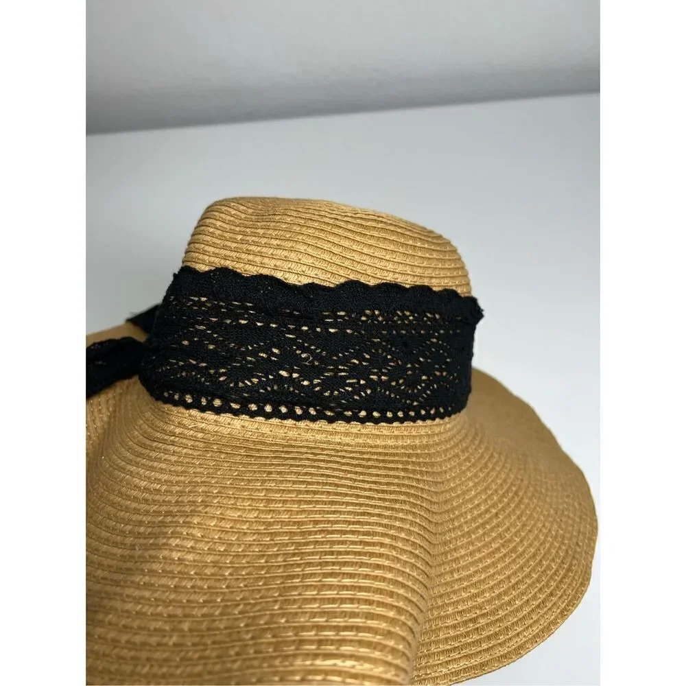 Vintage Women's 100% Straw Hat One Size Black Band in back with Bow - Picture 2 of 9